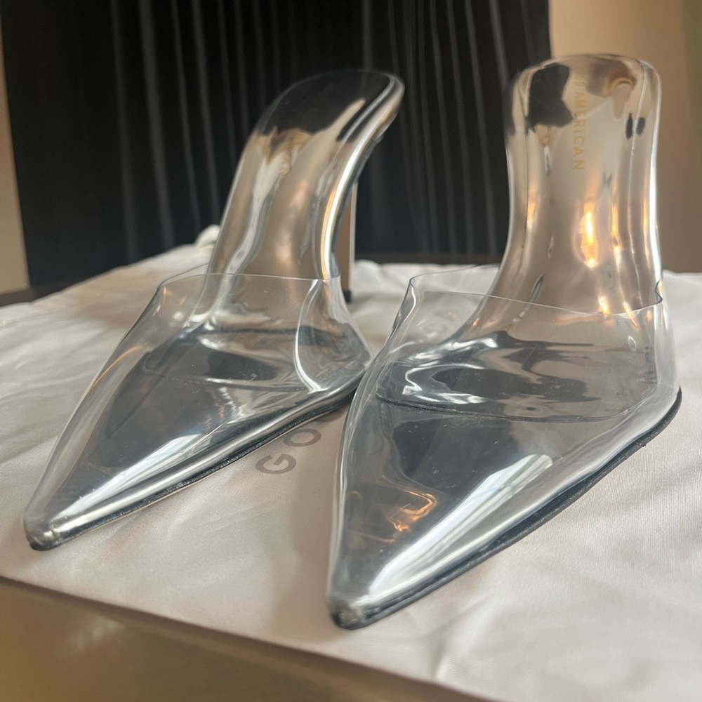 Good American Heels*Size 7* Clear with silver*Comes With Dust Bag*